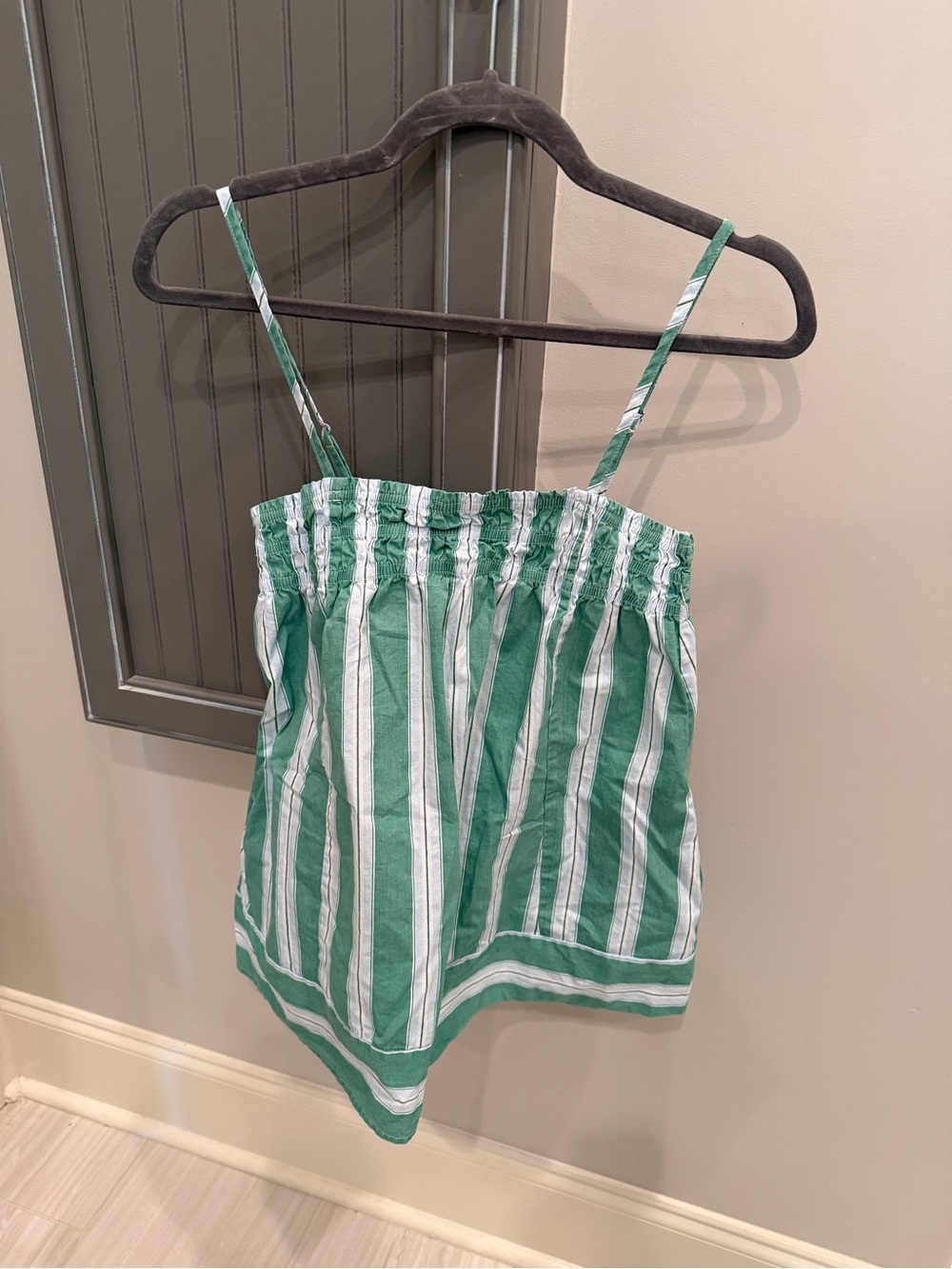 Green and White Striped Top and Smocked Waist Shorts